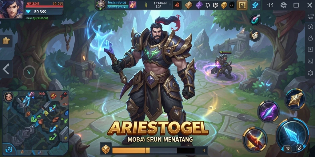 Screenshot gameplay ARIESTOGEL dengan karakter beraksi di arena MOBA.