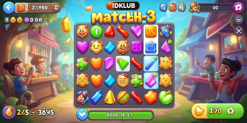 Tampilan gameplay IDKLUB dengan objek berwarna-warni di level Match-3.