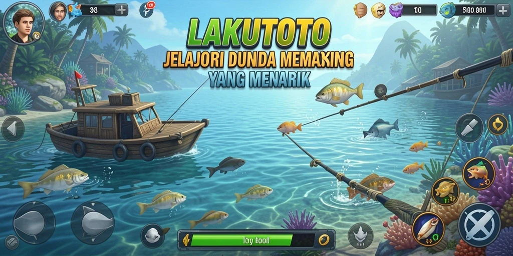 Tampilan gameplay <strong>LAKUTOTO</strong> saat memancing di danau yang indah.