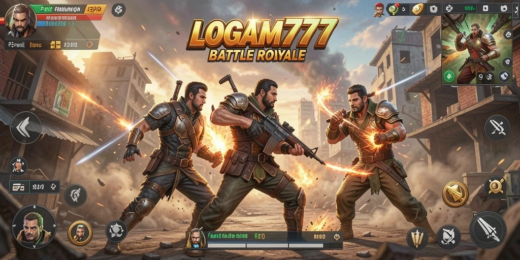 Tangkapan layar dari LOGAM777 menampilkan aksi seru dalam pertempuran Battle Royale.