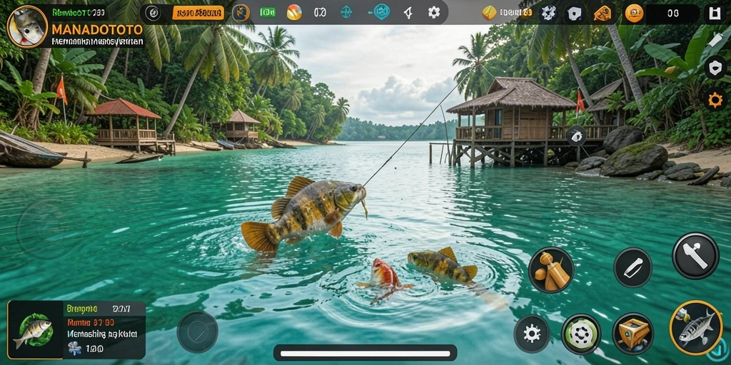 Screenshot gameplay menampilkan aksi seru memancing di berbagai lokasi.