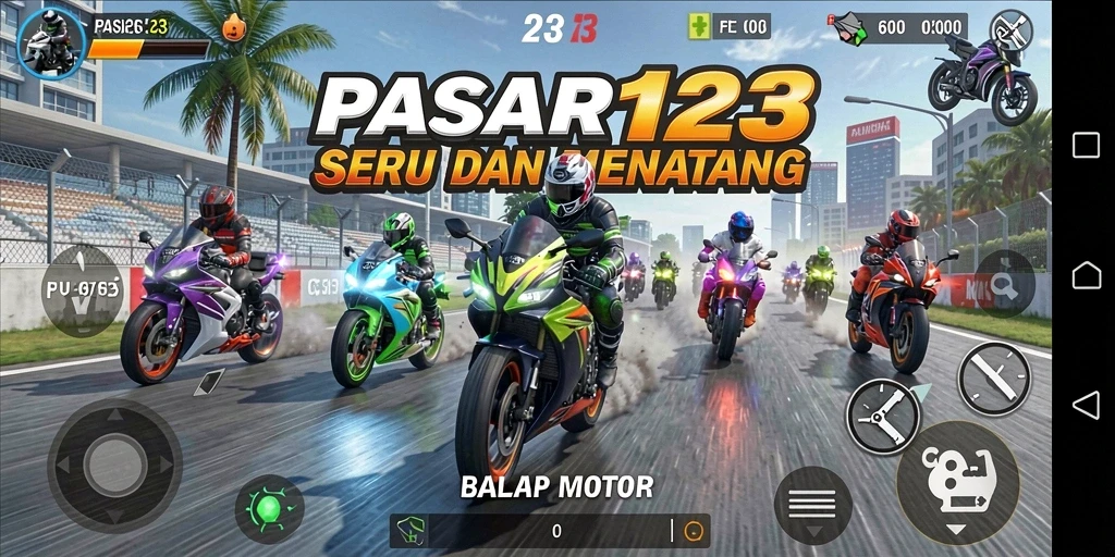 Tampilan gameplay PASAR123 yang penuh aksi dalam balapan motor.