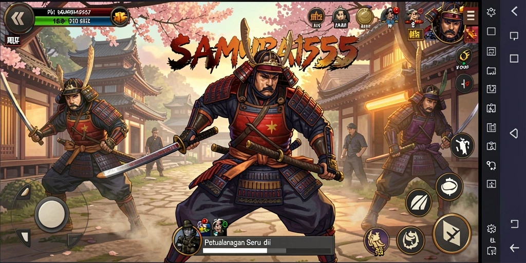 Tangkapan layar SAMURAI555 menunjukkan aksi pertempuran seru dengan samurai.