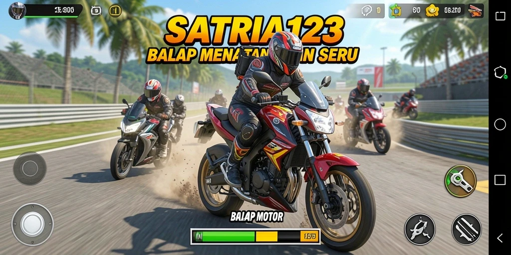 Screenshot SATRIA123 menunjukkan momen balap motor yang intens.