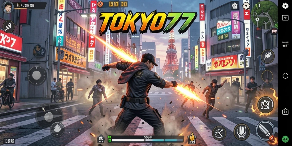 Gameplay TOKYO77 menampilkan aksi mendebarkan di tengah kota Tokyo.